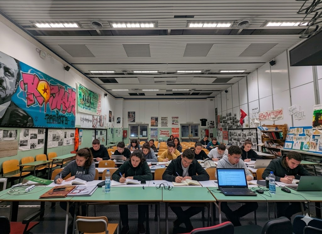 Persone che studiano insieme nell'aula P2.0, tra manifesti e murales alle pareti